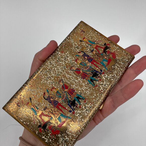 Vintage Volupte Gold Tone Enameled Hunting Scene Cigarette Case, Made in USA - Picture 8 of 10